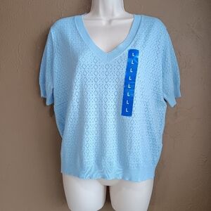 NWT Splendid Women's Pointelle Short Sleeve Sweater Top Light Blue Size L